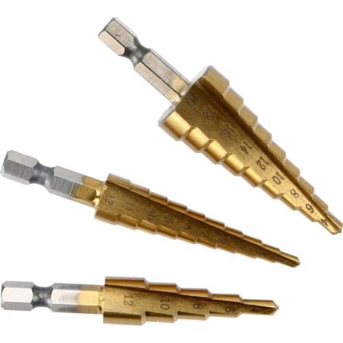 3pcs HSS Metric Titanium Coated Step Drill Bit Set 3-12mm 4-12mm 4-20mm Woodworking Wood Metal Drilling Cutting Tools With bag