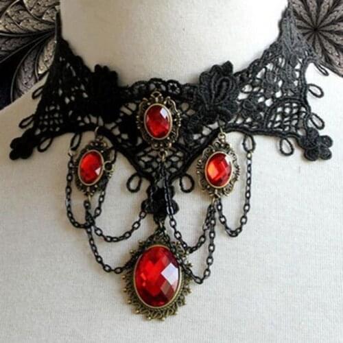 Victorian Gothic Halloween Red Rhinestone Charms Vampire Maxi Necklace Choker Fashion Cocktail Evening Party Dress Jewelry