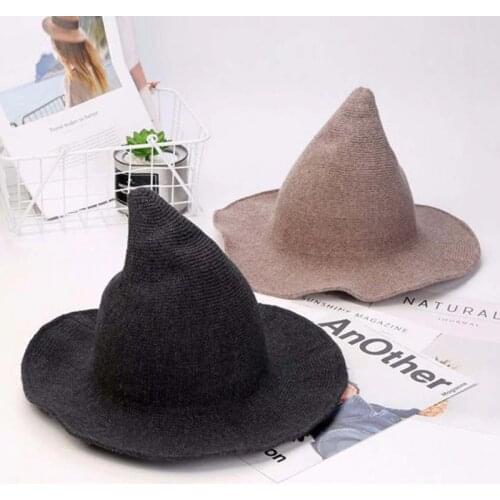 Witch Hat Wizard Kinitted-Wool Hats Adult Costume Party Accessory Halloween Masquerade Cosplay Cap