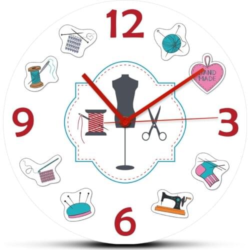 Knitting Sewing and Needlework Colorful Icons Printed Wall Clock Tailor Emblems Craft Modern Design Silent Wall Hanging Watch