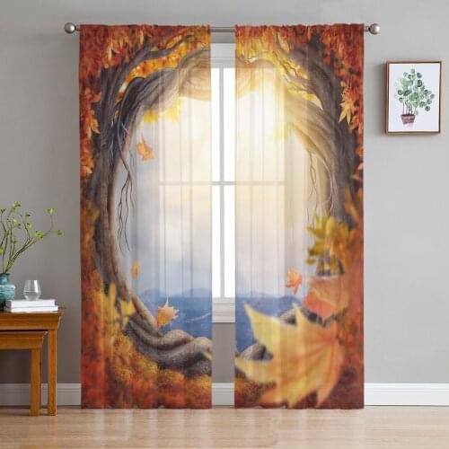 Jungle Maple Leaf Sunlight Gauze Curtains For Childrens Bedroom Kitchen Screen For Living Room Holiday Decor Voile Curtain
