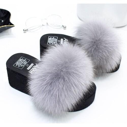 Furry Slippers Womens Summer New natural Fox Fur Slippers Platform Slanted Heel Sandals High Heel Slippers Platform Shoes