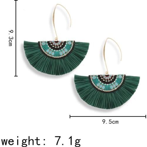 Bohemian retro ethnic wire knit geometric pattern fan shaped earrings exquisite women Lafite grass tassel drop earrings jewelry
