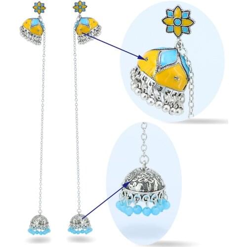 Boho Yellow Blue Flower Bells Long Tassel Drop Earrings Indian Earrings For Women Summer Party Earring Statement Oorbellen