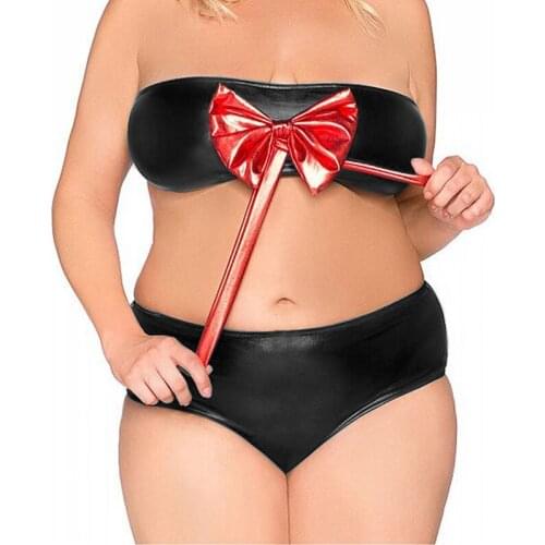 Plus Size Women Faux Leather Shiny Lingerie Set Big Red Bowknot Strapless Bra With Low Waist Panties Sexy Club Party Costume