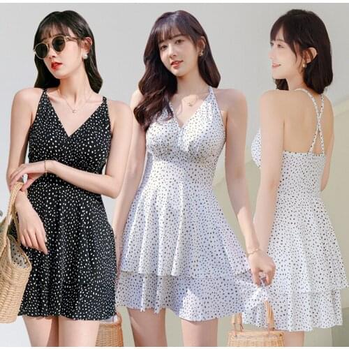 2021 New Korean Women One Piece Swimsuit Push Up Swimwear High Waist Bathing Suits Dot Suits Pad Beachwear Swimming Swimskirt