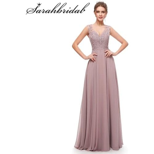 Elegant Evening Dresses V Neck Sleeveless A Line Floor Length Party Gown Illusion Sequins Embroidery Empire Robe De Soiree 5309