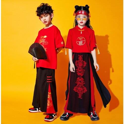 2021 Chinese Style Girls Hip Hop Dance Costumes For Kids Boys Short Sleeved Red Outfits Children Jazz Street Dance Wear DQS7047