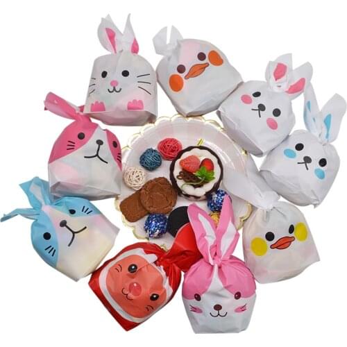 25pcs 21*13.5cm Cute Cartoon Animal Rabbit Ear Cookie Bag Plastic Packaging Biscuit Candy Gift Bags Wedding Party Decor Supplies