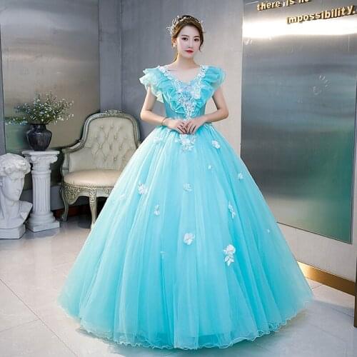 Freeship light sky blue ruffled V neck ball gown Renaissance Gown queen Victorian/Marie Antoinette Belle