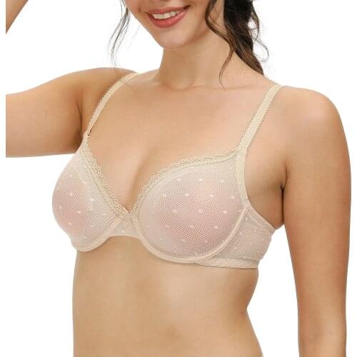 New Mesh Perspective Dot Lace Thin Cup Bra Underwire See Through Gauze Plus Size Transparent Underwear Quality Elastic 32-44 A-F