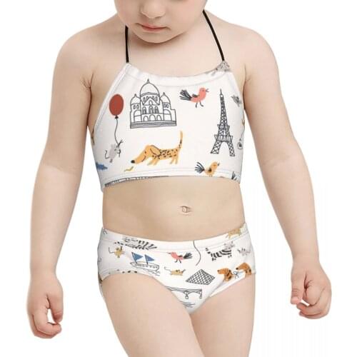 2021 hippie anime Kid Girls Swimsuit Children Print Bandage Paris Tower Animal Pattern Biquini Wholesale Baby Girl Swimming Suit
