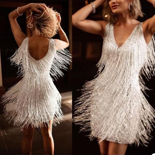 Sparkly Mini Prom Dresses Sequin Tassel Illusion V Neck Short Sleeve Evening Gowns Party Club Wear robe de soiree