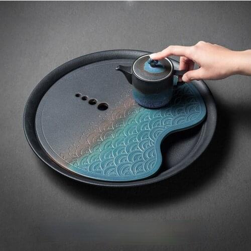 Round Ceramic Tea Tray Drainage Water Storage Creative Antique Serving Tray Tea Ceremony Bandeja Redonda Kitchen Supplies DK50TT
