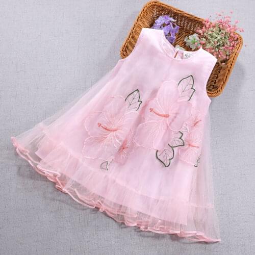Summer Girls Dress 2020 New Princess Dress Sleeveless Flower Embroidery Mesh Dress Ruffle Hem Girls Outfits DT077