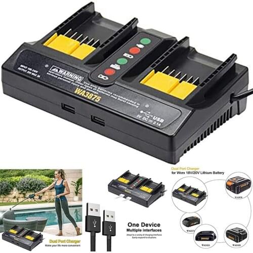 WA3875 18V 20V 3A Li-Ion Lithium Battery Dual Port Fast Charger for Worx WA3520 WA3525 WA3578 WA3575 WA3742