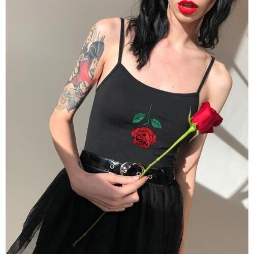 Dark Series Embroidery Rose Tank Top Women Hip-Hop Style Inverted Flower Elastic Camis Top Cotton Short Cloth Ropa De Mujer