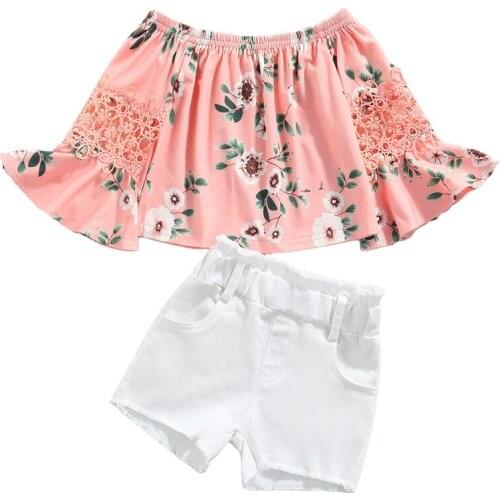 2021 2-7Y Autumn Kids Baby Girl Clothes Set Fashon Hollow Lace Flare Long Sleeve Off Shoulder Floral Print Blouse+White Shorts