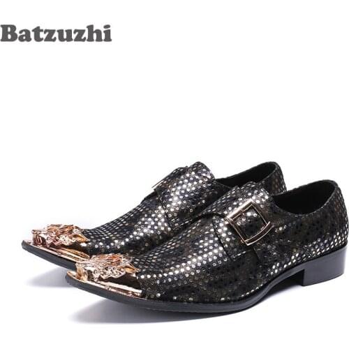 Batzuzhi Italian Style Fashion Mens Shoes Pointed Metal Toe Genuine Leather Men Dress Shoes Designers Party, Business Shoes Men