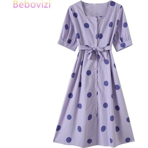 Fashion Purple Apricot Korean DOT Young Style 2020 New Woman Sweet Preppy Short Sleeve Student Summer Girls Midi Dress
