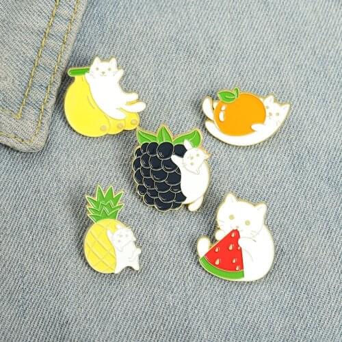 Cartoon Children Jewelry Fruit Cats Enamel Pins Custom Pineapple Blueberry Banana Watermelon Orange Brooch Lapel Badge Bag