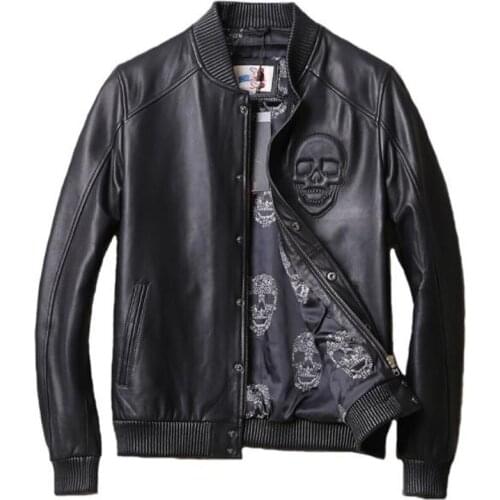 4XL Oversized Mens Real Leather Jacket American Style Plus Size XXXXL Skull Pattern Mans Sheepskin Leather Jackets Spring A785