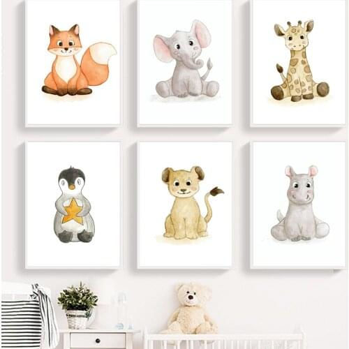 Deer Elephant Lion Giraffe Hippo Wall Art Canvas Painting Nursery Nordic Baby Room Posters And Prints Wall Pictures Kids Decor