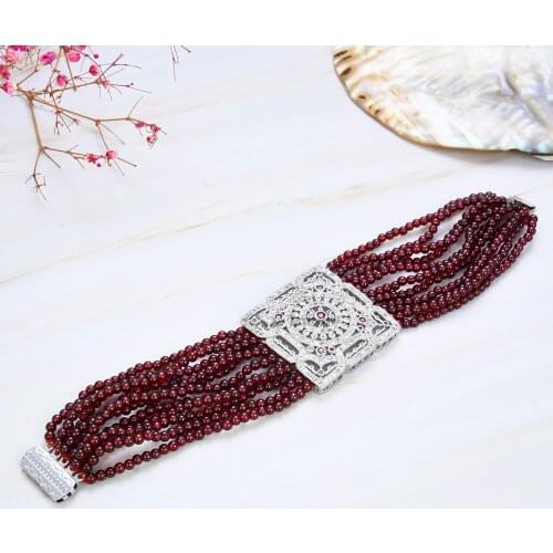 Natural Stone 8'' 11 Strands Natural Round Garnet Bracelet CZ Connector