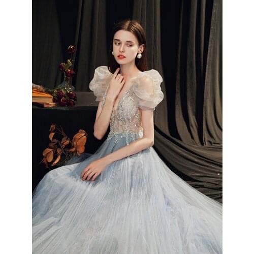 New greydish Blue long luxury sexy illusion llady girl women princess banquet performance dance ball promdress gown free ship