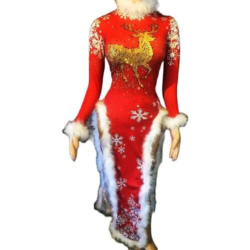 Red Snowflake Elk Pattern Printing Dress High Split Fork Fur Ankle-Length Dresses Christmas Party Dance Nightclub Wear Women