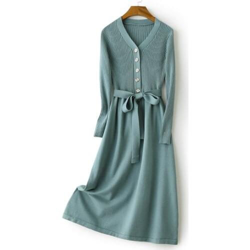 Autumn Winter Knit Sweater Dress Women Elegant Casual V-Neck Slim Pull Long Sleeve Sweater Dresses Office Lady Mid Long Dress