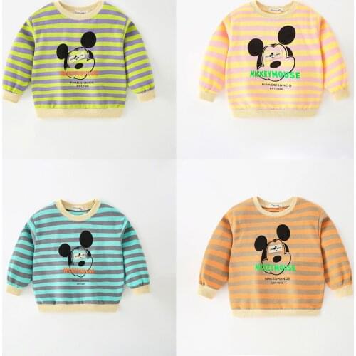 Baby Boys Girls Casual Striped Mickey Sweater 2021 Spring Autumn New Childrens Clothing Kids Loose Round Neck Pullover Top