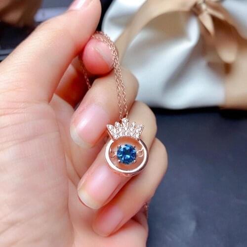 Crown Pendant,Natural London Blue Topaz Necklace for Women, With 18-inch Necklace, Real S925 Sterling Silver, Gem Size 6mm