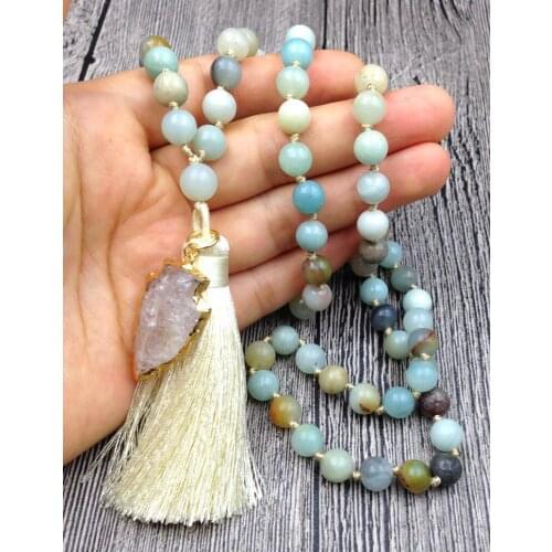 YA2581 Clear Quartz Arrow Charm Tassel Amazonite Stone Beads Knot Handmade Necklace 30-32inch long