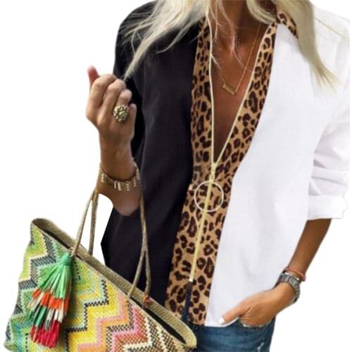 Womens Blouse Spring Autumn Lapel Top Long Sleeve Zipper Leopard Printed Loose Casual Party Patchwork Shirts Plus Size Clothes