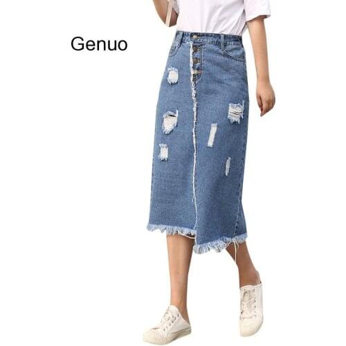 Women Denim Skirt Korean Front Breasted Skirt Female Holes Fashion New Fat Mm Jeans Skirt Thin Skinny Large Size 8XL Female