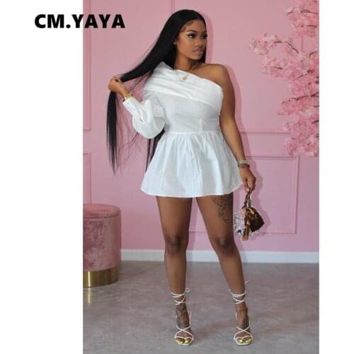 CM.YAYA One Shoulder Skew Neck A-line Mermaid Women Mini Dress Basic Vintage Street Solid Dresses