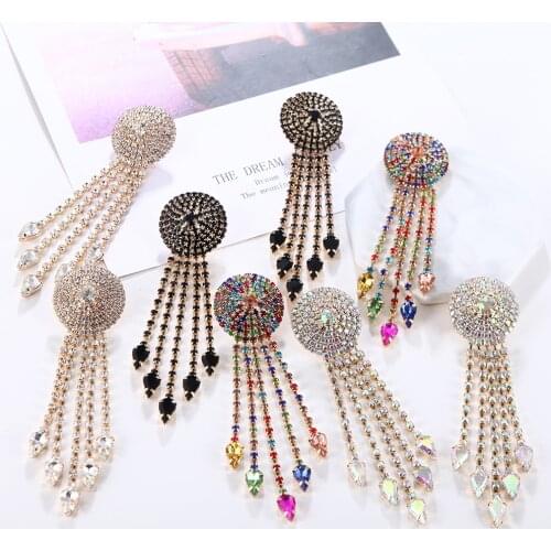 Ztech Fashion Show 6 Colors Shiny Rhinestone Big Long Tassel Dangle Earrings Jewelry Evening Dress Statement Earring Accessories