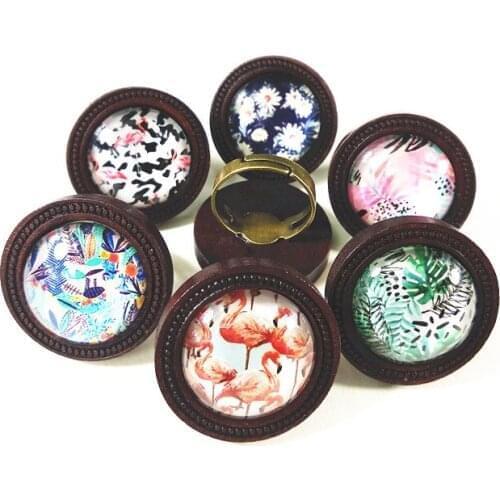 24pcs(12 Styles) Wood Cabochon Ring Base with Flaming Daisy Leopard Print Photo Glass Cabochon Style ring