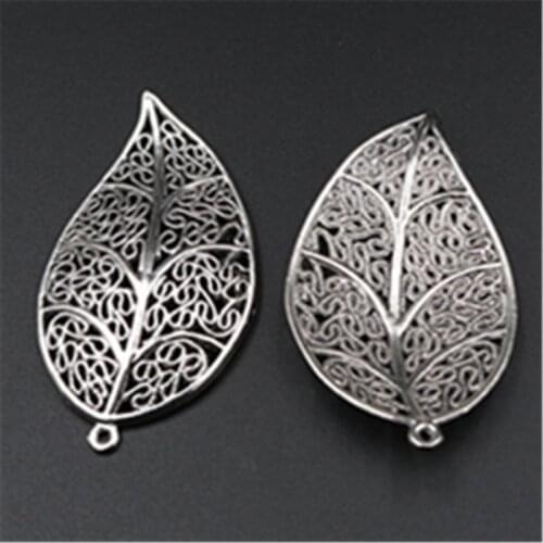 4pcs Silver Plated Hollow Large Leaves Pendants Retro Necklace DIY Charm Metal Jewelry Crafts Making 58*31mm A545