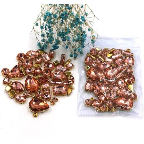 50pcs/bag Clothing accessories mixed shape Water red glass crystal sewing rhinestones with gold base for dress/garment/shoes