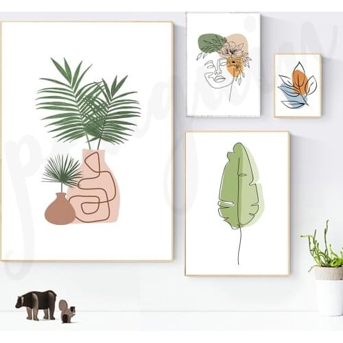 Nordic Line Leaves Art Printable Abstract Woman Face with Flower Wall Art Canvas Poster and Print Modern Home Living Room Decor