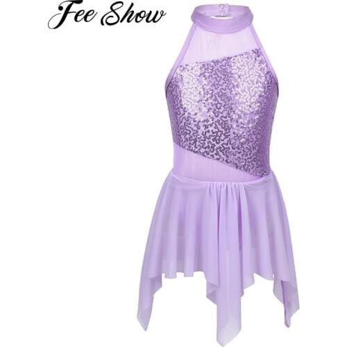 Teens Girls Sequins Ballet Leotard Dresses Children Irregular Ballet Tutu Dress Kids Figure Skating Stage Lyrical Dance Costumes