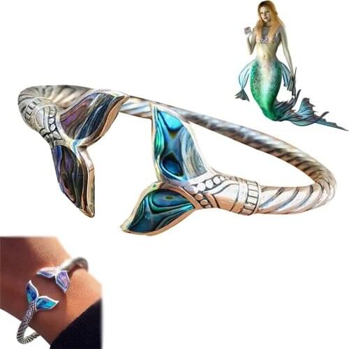 Abalone Shell and Silver Mermaid Tail Bangle Bracelet Adjustable Open Mermaid Hand Chain Jewelry for Women Girl