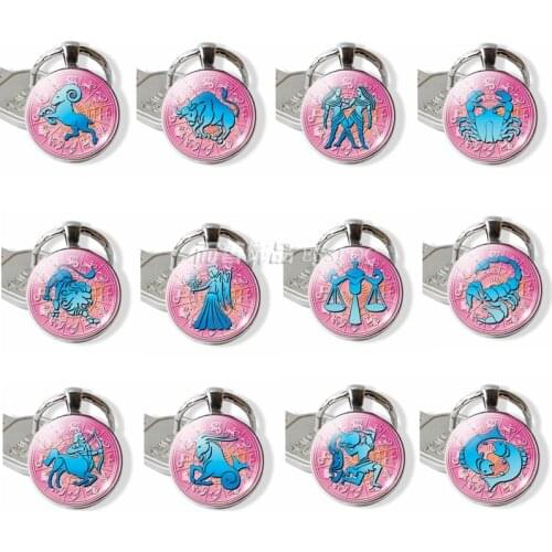 12 Constellation Aries Gemini Virgo Leo Libra Sign Zodiac Pendant Jewelry Keychain Keyring Glass Dome Cabochon Birthday Gift