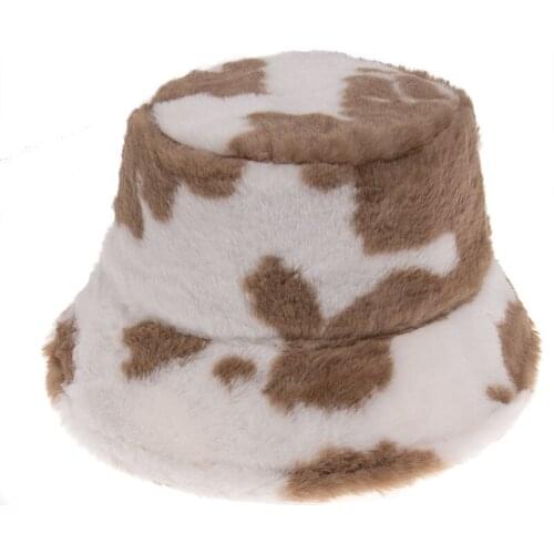 Milch Cow Print Panama Cap Rabbit Fur Fashion Unisex Dome Outdoor Warm Sunscreen 58Cm All-Match Plush Bucket Fisherman Hat