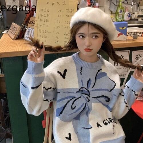 Ezgaga Sweet Women Sweater O-Neck Autumn 2021 New College Style Outwear Long Sleeve Knitted Pullover Letter Printed Girl Casual