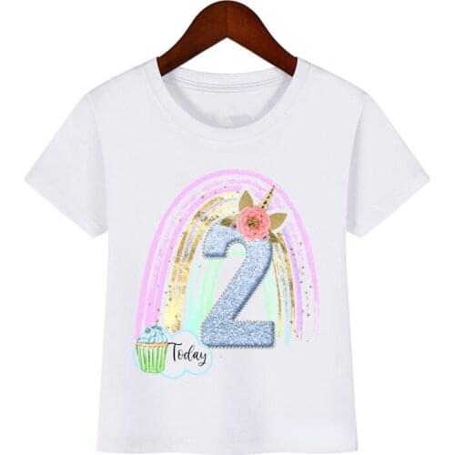 Fashion girls t-shirts happy birthday 1 to 9 years old unicorn graphic print childrens tshirt for kids birthday party clothing