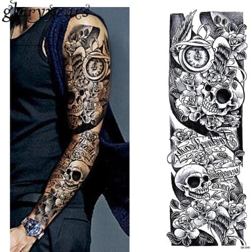 Glaryyears 3 Sheets Full Arm Tattoo Sticker Skull Clock Design Water Transfer Body Art Temporary Big Fake Tattoo Sticker QB-3040