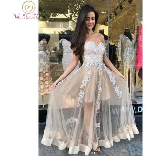 Robe Sexy Prom Dresses Champagne Lace Applique Hi-lo Cut Out Strapless Sweetheart A Line Sleeveless Formal Party Evening Gowns